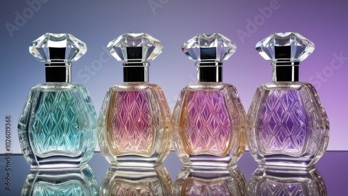 Crystal perfume bottle with a carved pattern, filled with iridescent liquid, standing on a mirrored surface, sparkle and reflections