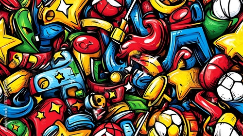 A colorful sports fever doodle pattern featuring baseball bats, tennis rackets, basketball hoops, and soccer balls, surrounded by stars, jerseys, and trophies,