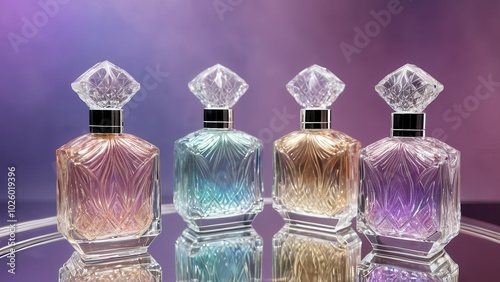 Crystal perfume bottle with a carved pattern, filled with iridescent liquid, standing on a mirrored surface, sparkle and reflections