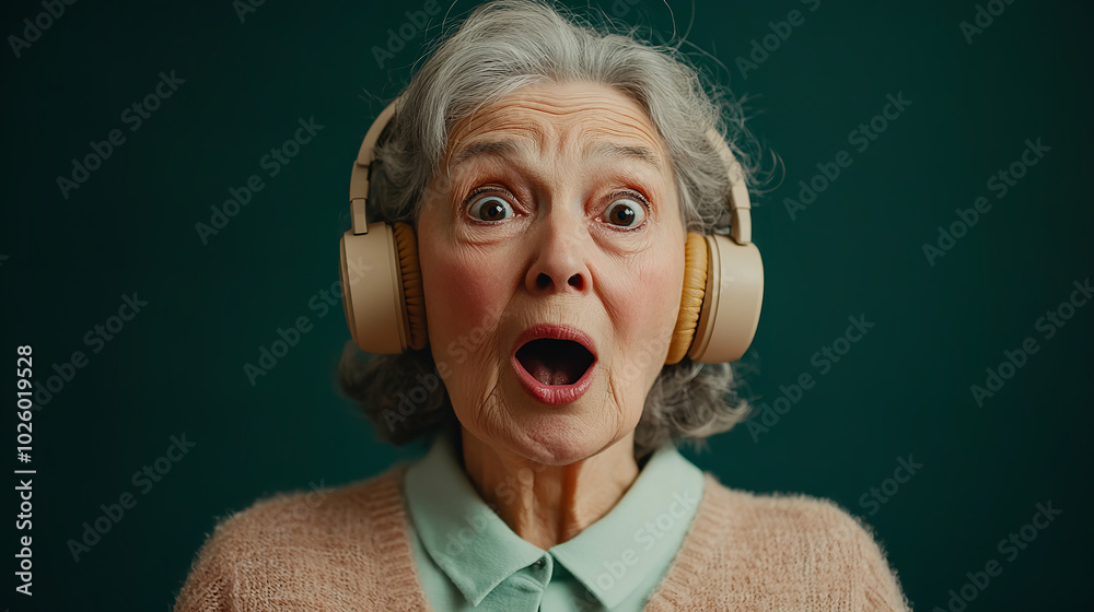 A woman in her mid-seventies is wearing beige headphones, a lightpink bluse and has a surprised look on his face A woman in her mid-seventies is wearing beige headphones, a lightpink bluse and has a surprised look on his face