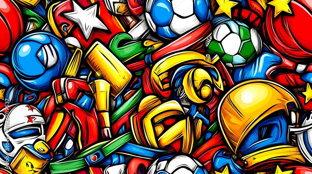 Fototapeta premium A colorful sports-themed doodle pattern filled with football helmets, soccer balls, basketballs, and tennis rackets, surrounded by stars, jerseys, and trophies, set against a bright pastel background,
