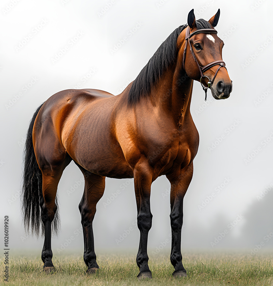 Obraz premium Strong bay horse standing in misty field