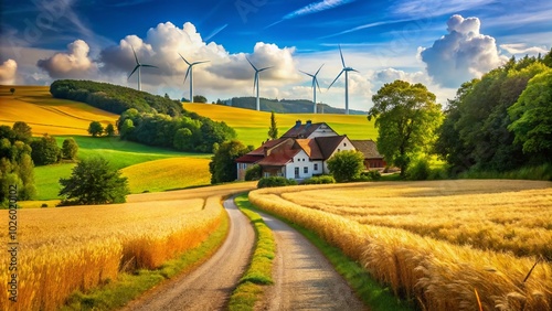 Summer Landscape of St Wendel, Wind Farm and Farmhouse in Saarland, Germany photo