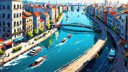 A vibrant riverside scene with boats, bridges, and colorful buildings under a clear sky.