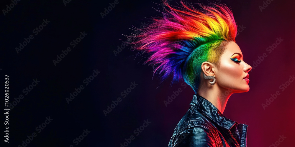 Fototapeta premium A woman with rainbow hair and a black leather jacket