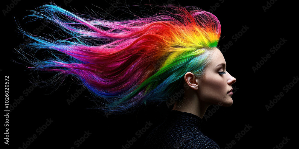 Naklejka premium A woman with rainbow colored hair is the main focus of the image