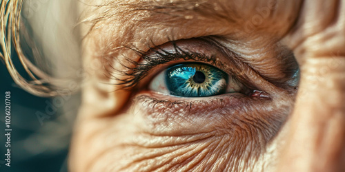 A woman's eye is blue and has a lot of wrinkles