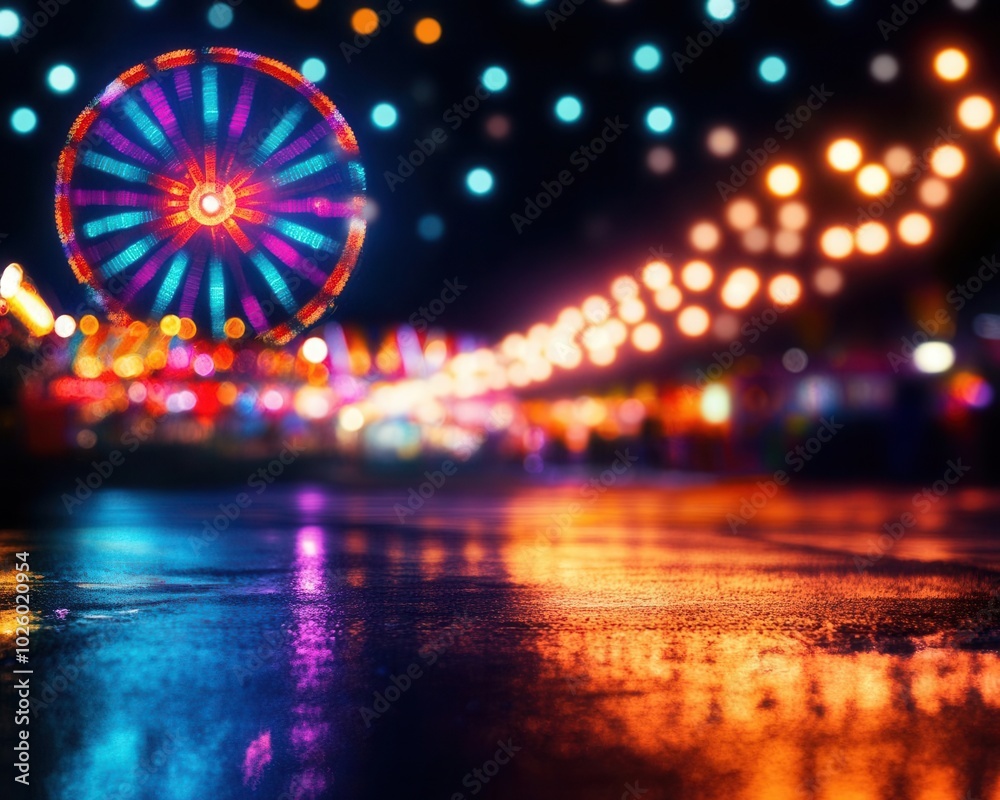 Colorful ferris wheel lights reflecting on wet pavement at night