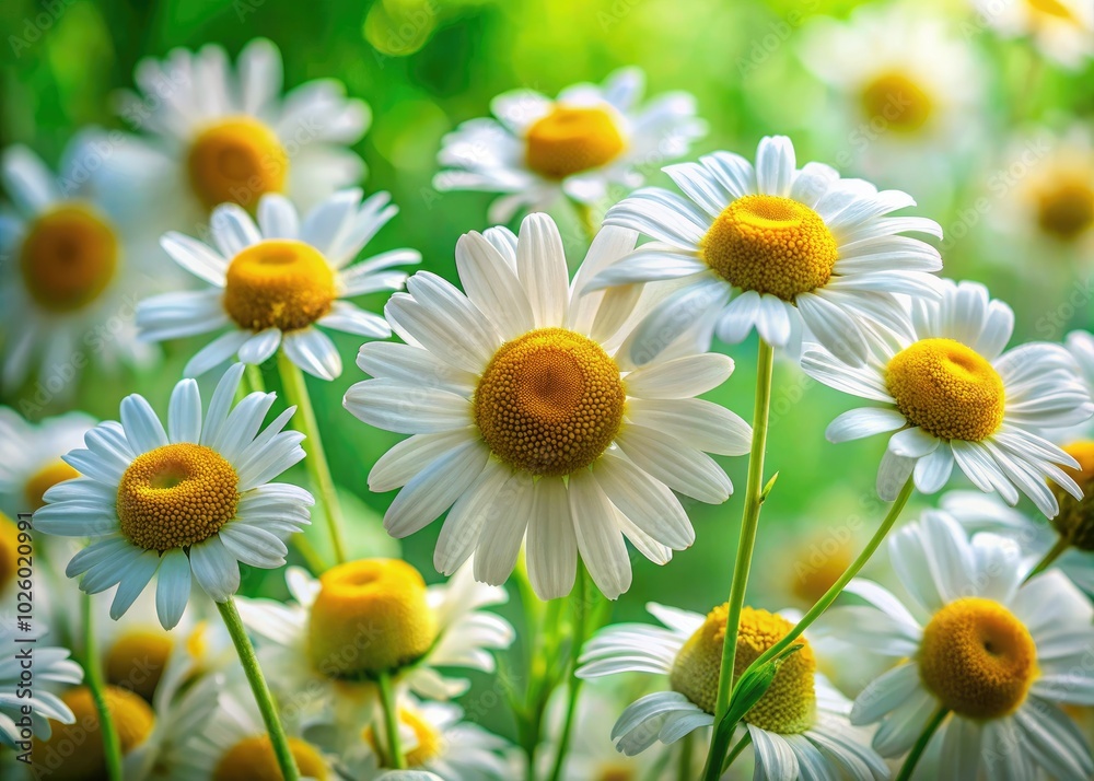 Fototapeta premium Delicate chamomile flowers bloom beautifully against a soft green backdrop, showcasing the essence of natural elegance and the tranquility of a peaceful garden scene.
