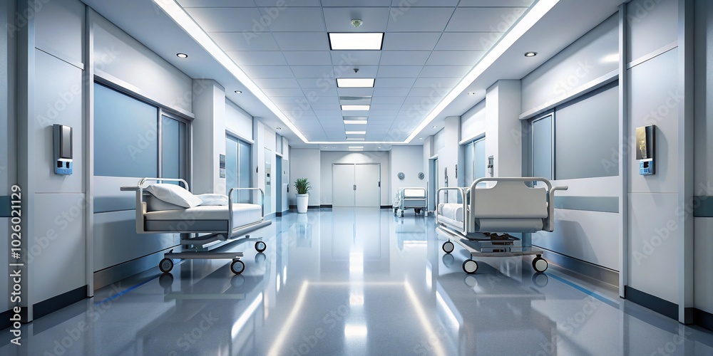 Empty Modern Hospital Corridor in Low Light - Serene and Eerie Atmosphere for Healthcare Settings Empty Modern Hospital Corridor in Low Light - Serene and Eerie Atmosphere for Healthcare Settings