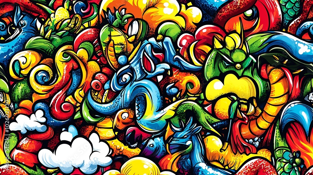 Obraz premium A doodle pattern of mythical creatures such as dragons, unicorns, and fairies, with swirling clouds and enchanted forests in the background, a colorful fantasy landscape with glowing accents,