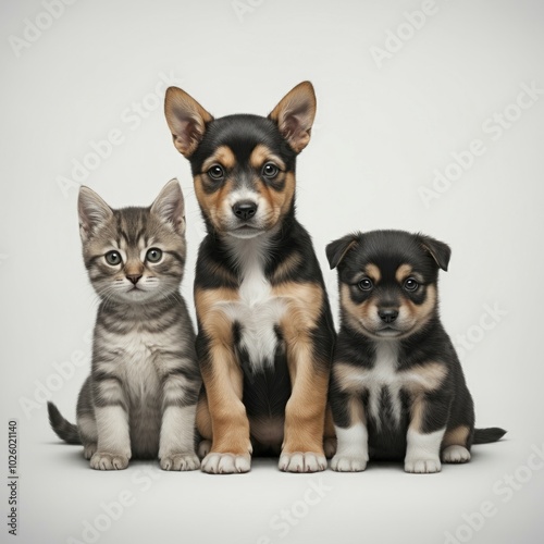 Friendly alert Pets together side by side in a row looking at the camera, isolated on white