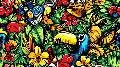A dynamic jungle-themed doodle pattern with leaping tigers, swinging monkeys, and colorful toucans, surrounded by lush palm leaves and flowers, set against a dense jungle background,