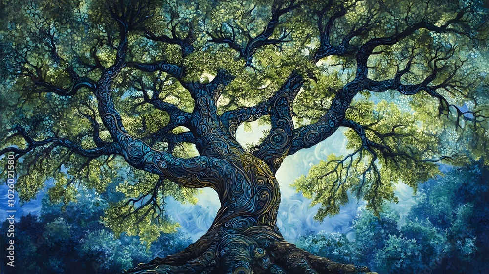 A Large Tree With Intricate Bark Patterns in a Green Forest A Large Tree With Intricate Bark Patterns in a Green Forest
