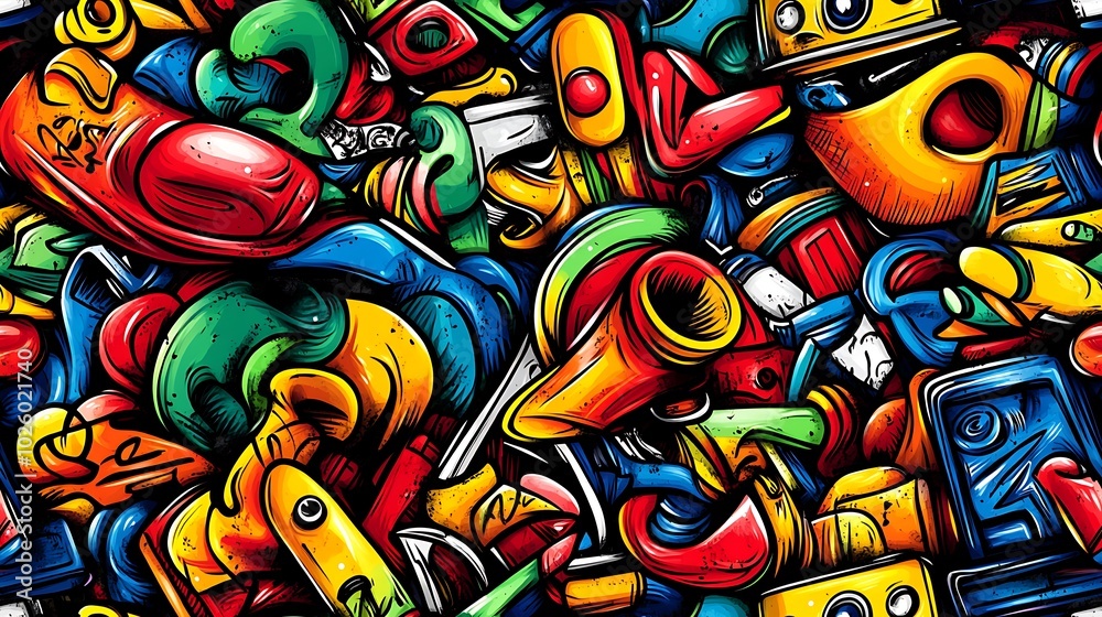 Fototapeta premium A dynamic street art doodle pattern with skateboards, boom boxes, graffiti art, and streetwear elements, against a gritty urban backdrop with neon lights and graffiti-covered walls,