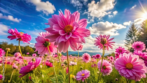 Delicate pink flowers flourish in a lively meadow, showcasing their beauty as they bloom during the vibrant spring and summer seasons, attracting bees and butterflies.
