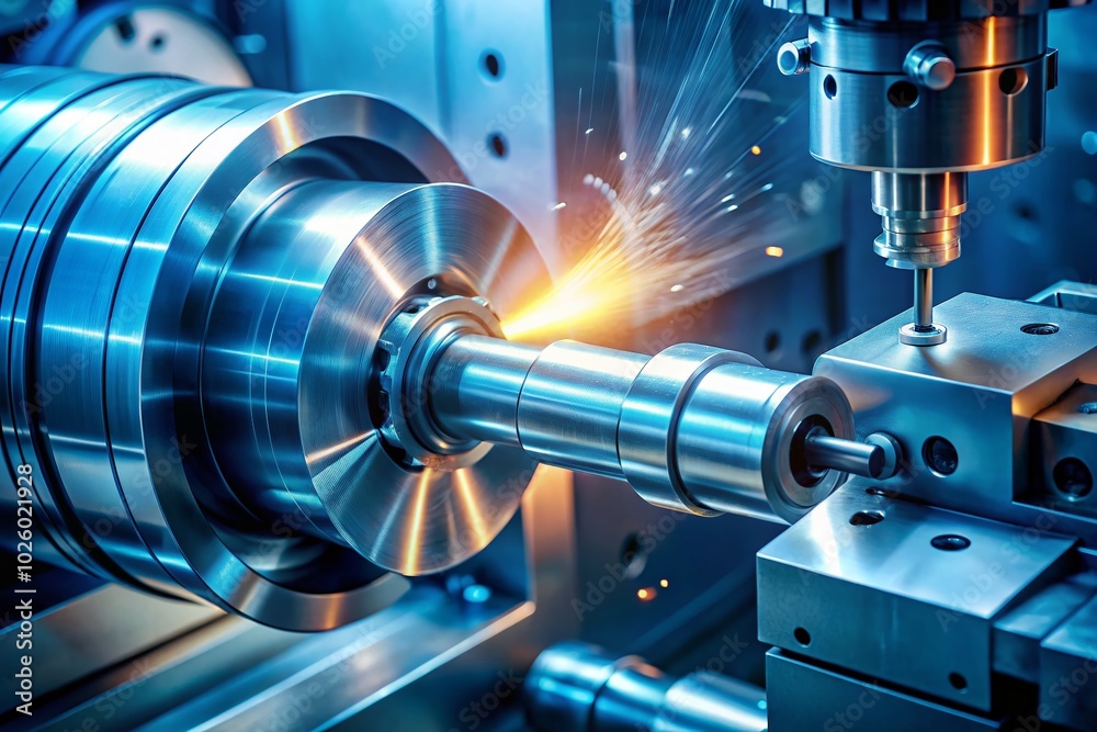 Fototapeta premium Surreal CNC Lathe Machine in Action: High-Tech Metalworking Process Cutting Precision Parts