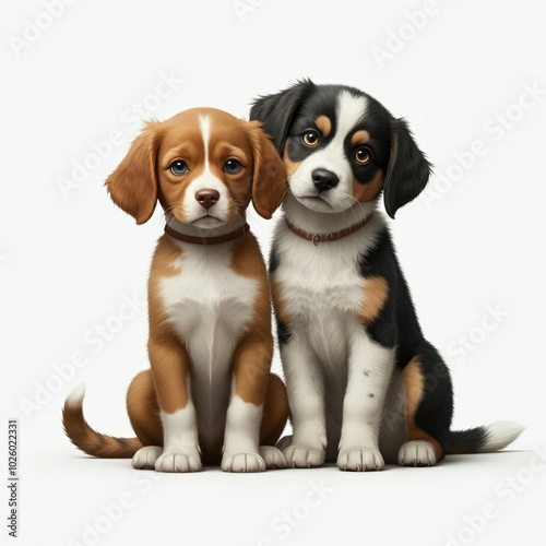 Friendly alert Pets together side by side in a row looking at the camera, isolated on white