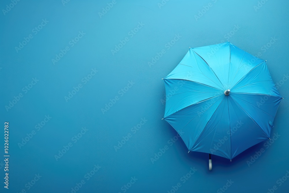 Bright blue umbrella on a blue background creating a serene composition Bright blue umbrella on a blue background creating a serene composition