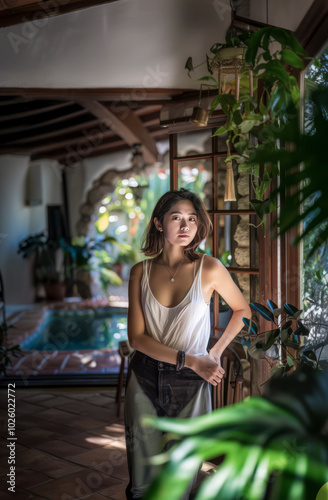 Woman in casual outfit standing by a window with tropical plants and soft indoor lighting