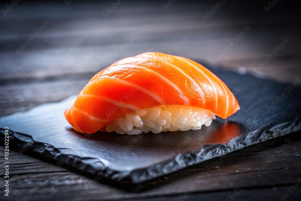 Fresh Salmon Nigiri Sushi on Slate Plate - Delicious Japanese Cuisine Fresh Salmon Nigiri Sushi on Slate Plate - Delicious Japanese Cuisine