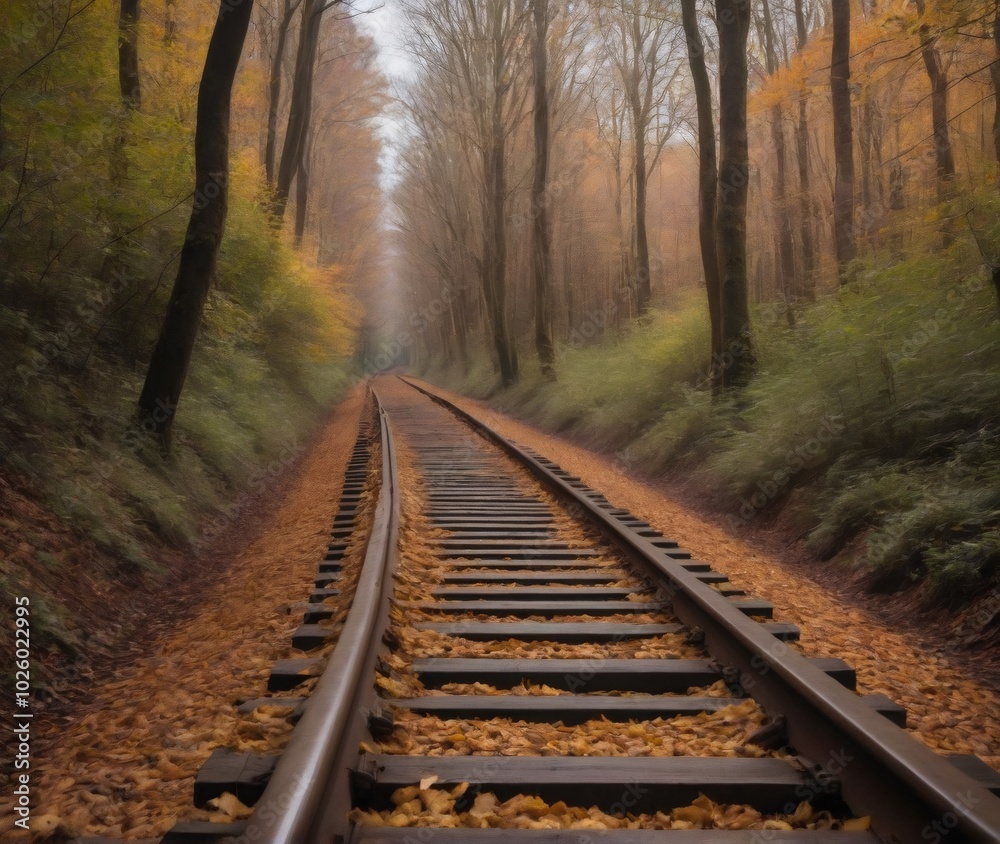 An abandoned railway track covered in autumn leaves winds through a misty forest. The warm hues of fall foliage contrast with the rusting tracks, creating a peaceful scene of nature reclaiming the for
