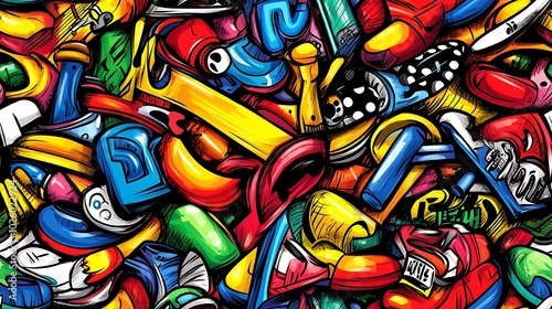 Wallpaper Mural A lively doodle pattern featuring graffiti tags, sneakers, skateboards, and microphones, with abstract urban elements like city skylines and street signs, set against a concrete wall backdrop, Torontodigital.ca