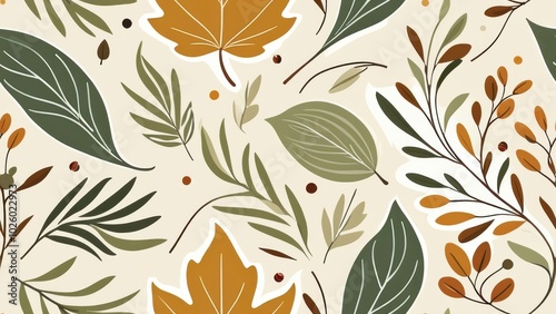 Pattern of autumn leaves in green, orange, and brown tones, perfect for seasonal designs, fabric, stationery, and nature-themed artwork