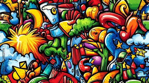 Wallpaper Mural A lively fantasy land doodle pattern featuring fairies, wizards, and dragons, with castles and enchanted trees, surrounded by magical items like wands, crystal balls, and potion bottles, Torontodigital.ca