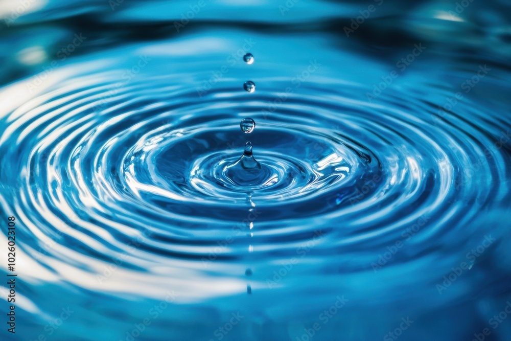 Waves of water rippling, forming circles on a droplet's surface. Ongoing flow of capillary gravity waves. Lifelike water splash on a lively background. Area for your content Waves of water rippling, forming circles on a droplet's surface. Ongoing flow of capillary gravity waves. Lifelike water splash on a lively background. Area for your content