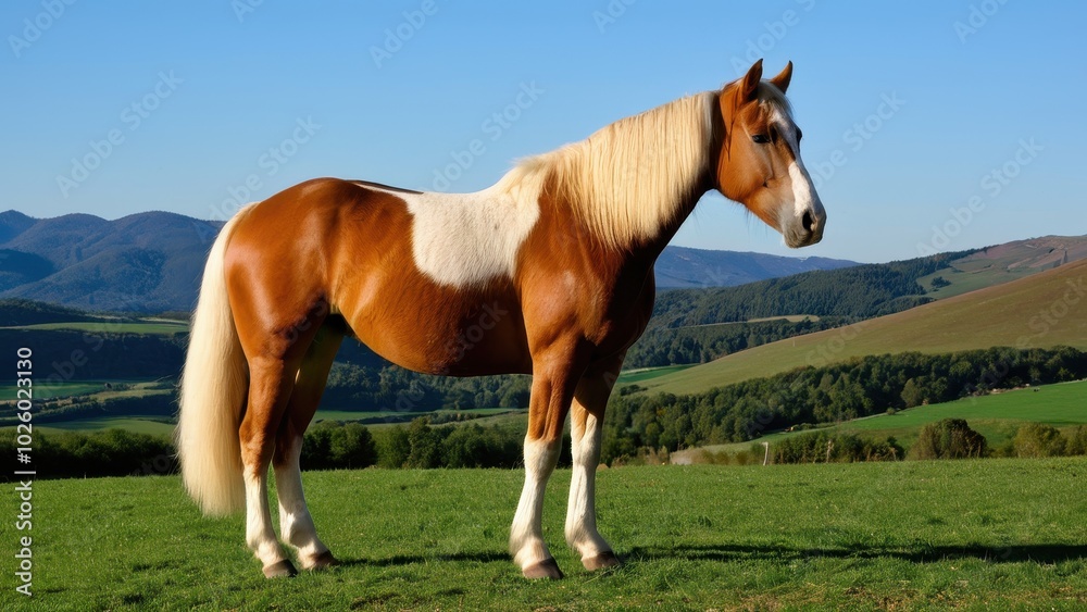 Fototapeta premium Beautiful Haflinger horse looking towards the left, showcasing its strong, elegant build. Ideal for equestrian photography, breed identification, or horse-related digital designs