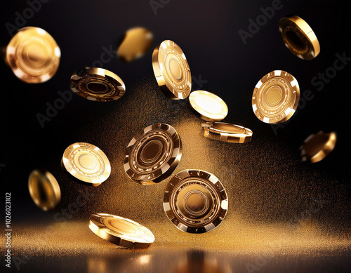 Golden casino chips falling through the air in a dramatic display of vibrant motion and excitement