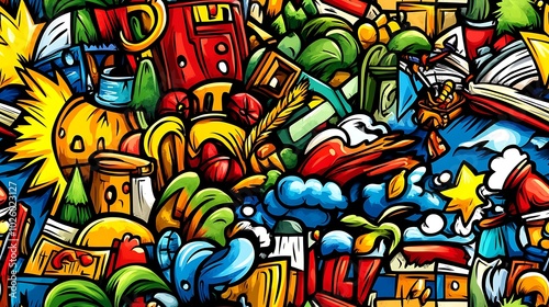 Wallpaper Mural A lively fantasy land doodle pattern showcasing enchanted castles, mystical creatures, and magical forests, surrounded by spell books, potions, and enchanted objects, set against a bright blue sky, Torontodigital.ca