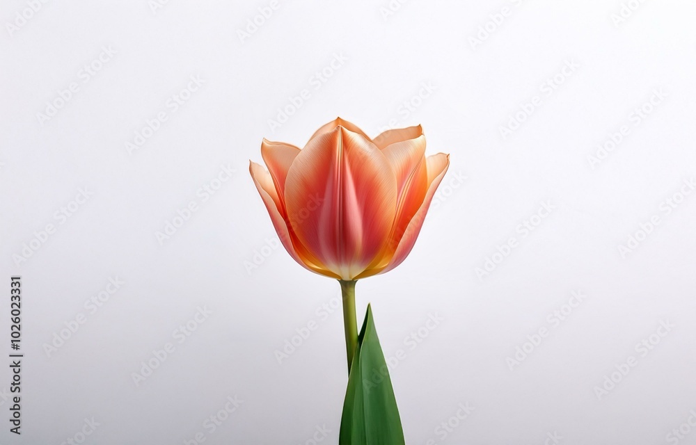 A single orange and yellow tulip with a green stem and leaf on a white background. A single orange and yellow tulip with a green stem and leaf on a white background.