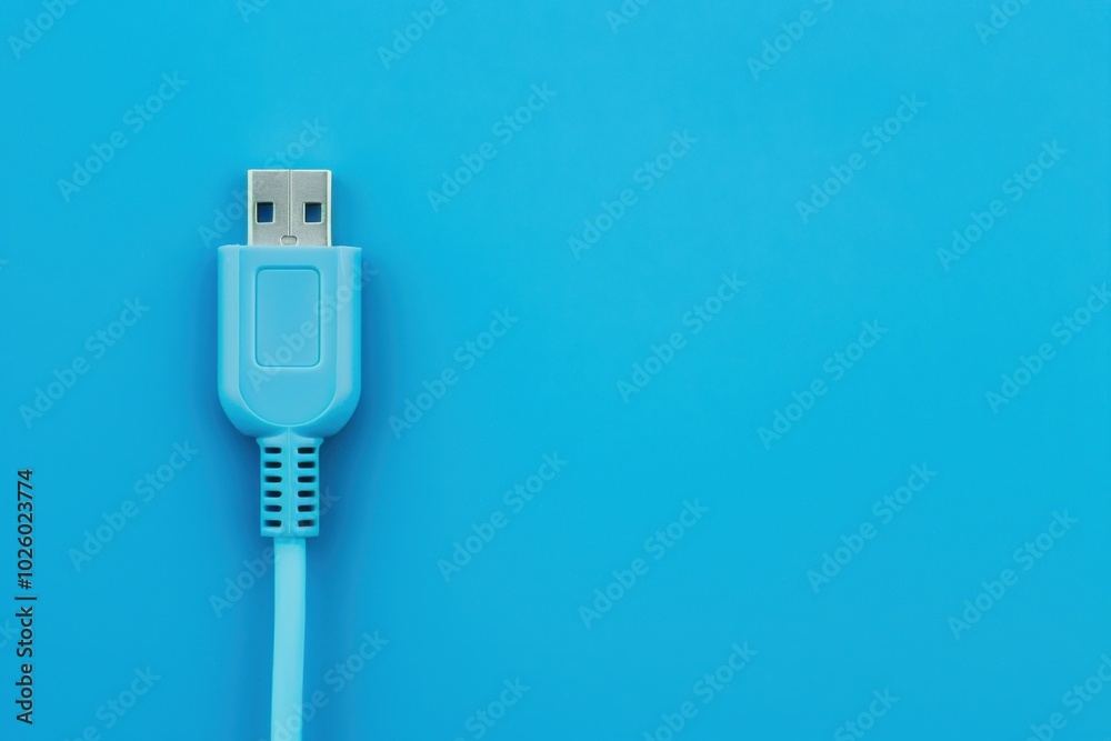 Blue USB cable connector on a bright blue background Blue USB cable connector on a bright blue background