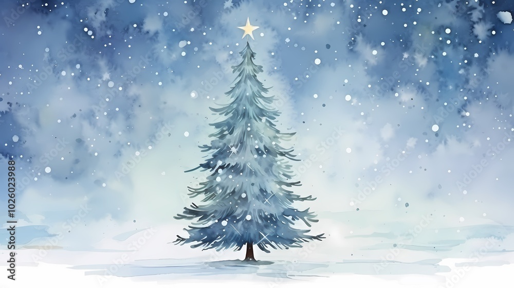 A stunning evergreen tree shines with a star, surrounded by a winter night landscape. A stunning evergreen tree shines with a star, surrounded by a winter night landscape.