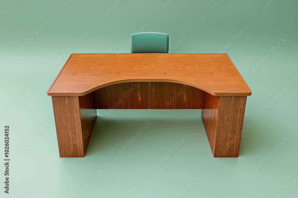 Simple wooden desk with a green chair against a pastel green background Simple wooden desk with a green chair against a pastel green background
