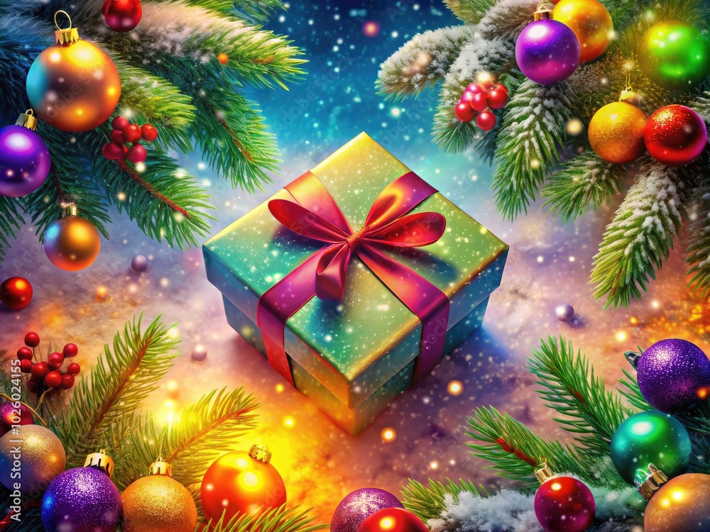 Delight in a colorful gift box amidst a charming holiday scene, perfectly capturing the warmth and joy of the season for your festive Christmas wishes. Delight in a colorful gift box amidst a charming holiday scene, perfectly capturing the warmth and joy of the season for your festive Christmas wishes.