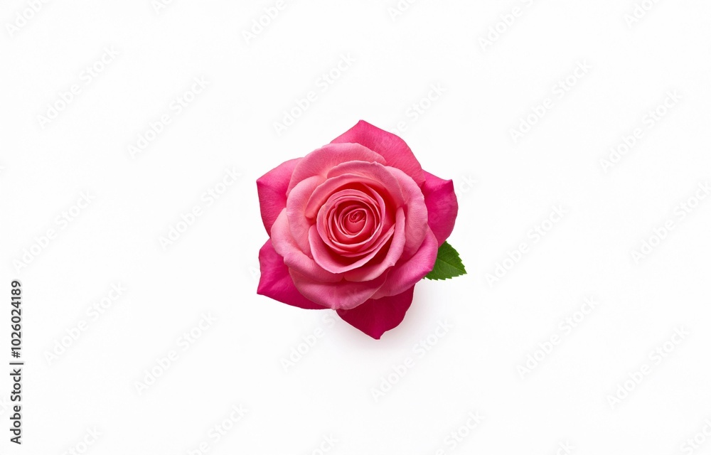 A single pink rose with green leaves sits against a white background. A single pink rose with green leaves sits against a white background.