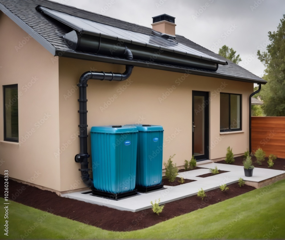 Rainwater harvesting system installed at a contemporary home, with blue ...