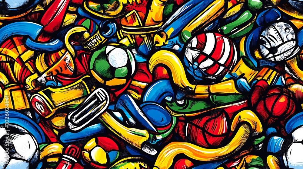 Obraz premium A lively sports doodle pattern featuring various sports items like soccer balls, basketballs, tennis rackets, and football helmets, surrounded by trophies, jerseys, and dynamic lines,