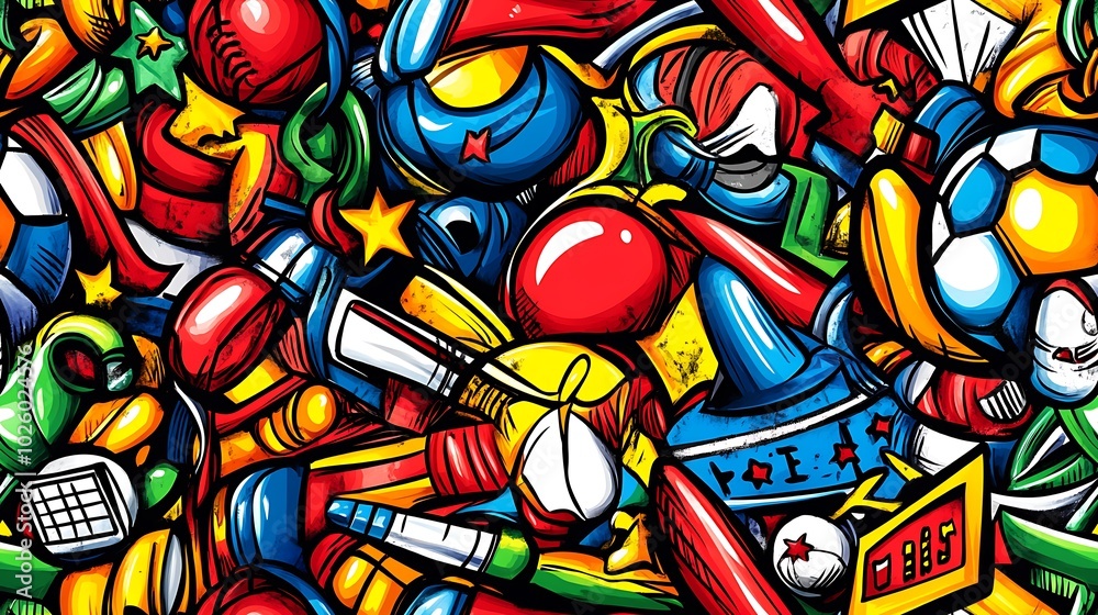 Obraz premium A lively sports doodle pattern showcasing various sports equipment like soccer balls, basketballs, baseball bats, and tennis rackets, surrounded by scoreboards, stars, and swirling lines,