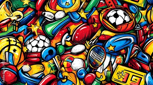 A lively sports doodle pattern showcasing various sports equipment like soccer balls, basketballs, baseball bats, and tennis rackets, surrounded by scoreboards, stars, and swirling lines,