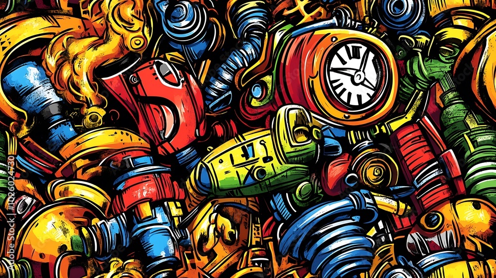 A lively steampunk doodle pattern featuring mechanical cogs, vintage clock faces, steam valves, and airships, with dynamic lines of steam and swirling pipes, A lively steampunk doodle pattern featuring mechanical cogs, vintage clock faces, steam valves, and airships, with dynamic lines of steam and swirling pipes,