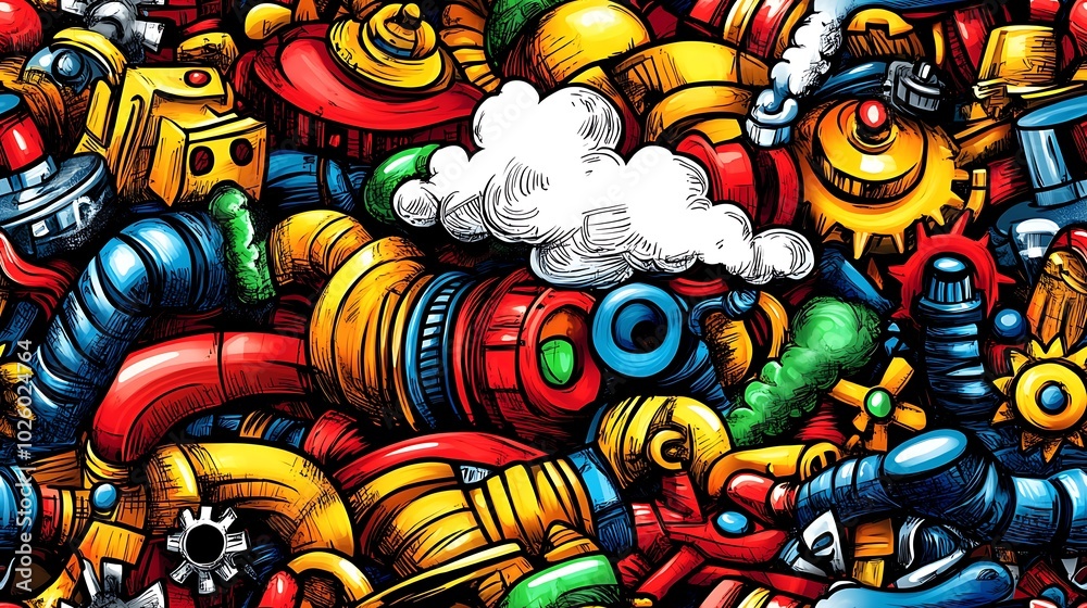 A lively steampunk-themed doodle pattern featuring gears, clockwork mechanisms, and steam engines, surrounded by brass pipes, airship parts, and steam clouds, A lively steampunk-themed doodle pattern featuring gears, clockwork mechanisms, and steam engines, surrounded by brass pipes, airship parts, and steam clouds,