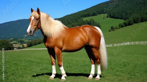 Beautiful Haflinger horse looking towards the left, showcasing its strong, elegant build. Ideal for equestrian photography, breed identification, or horse-related digital designs
