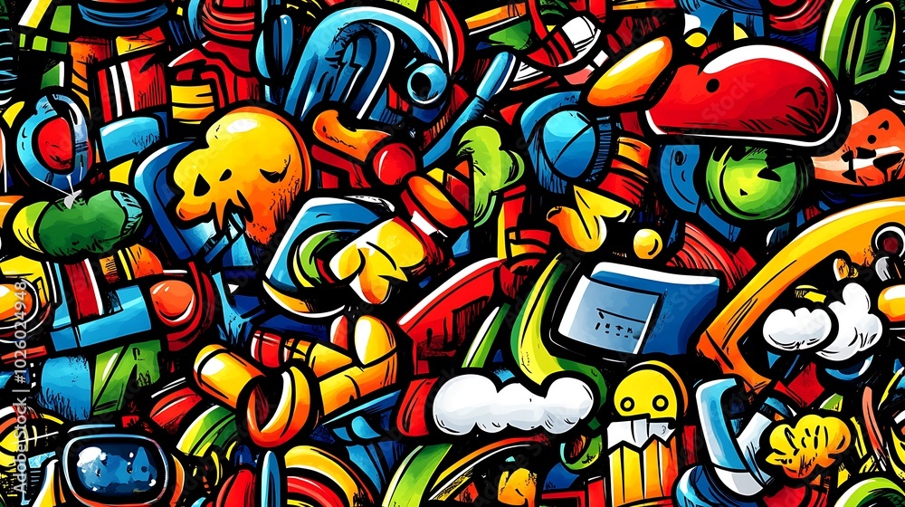 Obraz premium A lively tech doodle pattern filled with gadgets like laptops, VR headsets, tablets, and robots, surrounded by lines of code, cloud icons, and abstract shapes, set against a bright digital background,