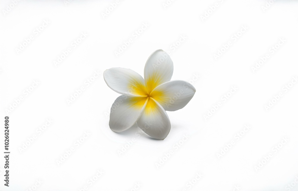 A single white flower with a yellow center rests on a plain white background. A single white flower with a yellow center rests on a plain white background.