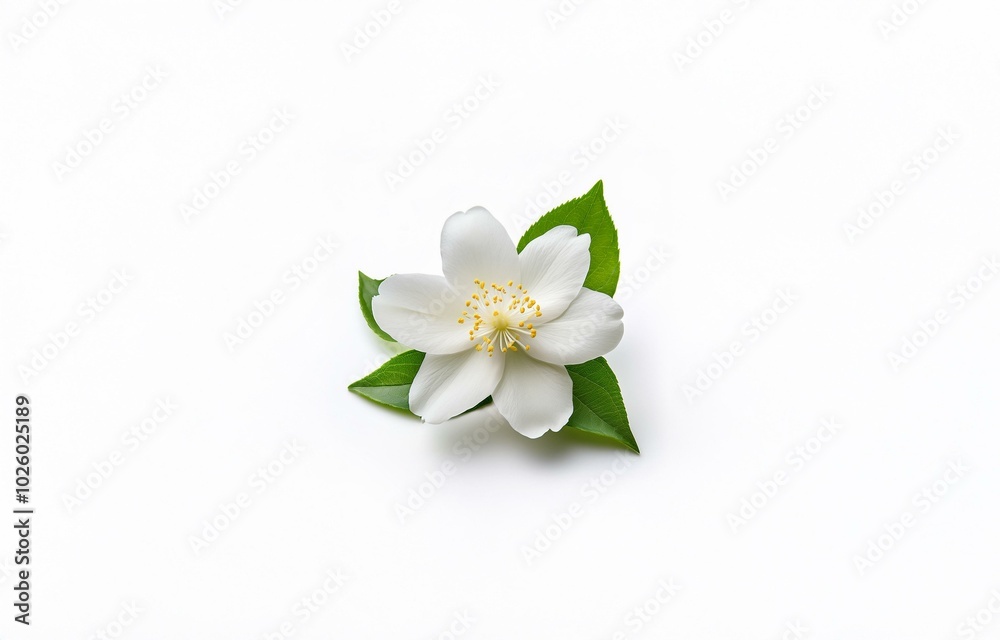 A single white flower with yellow center and green leaves on a white background. A single white flower with yellow center and green leaves on a white background.