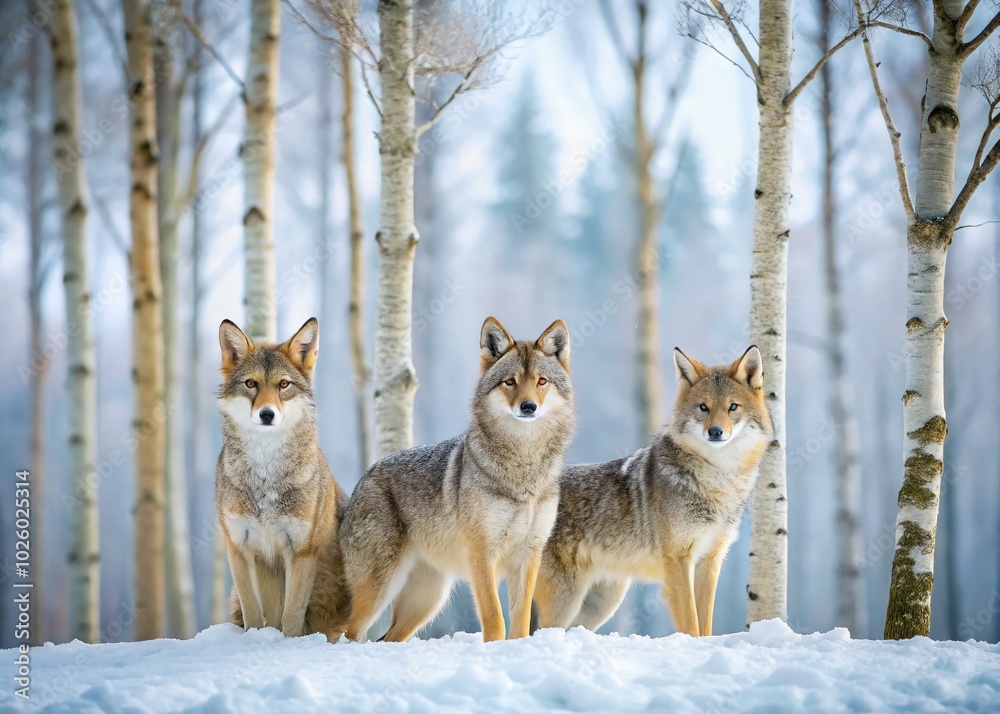 Naklejka premium Three Coyotes in Birch Forest - Winter Wildlife Double Exposure Photography